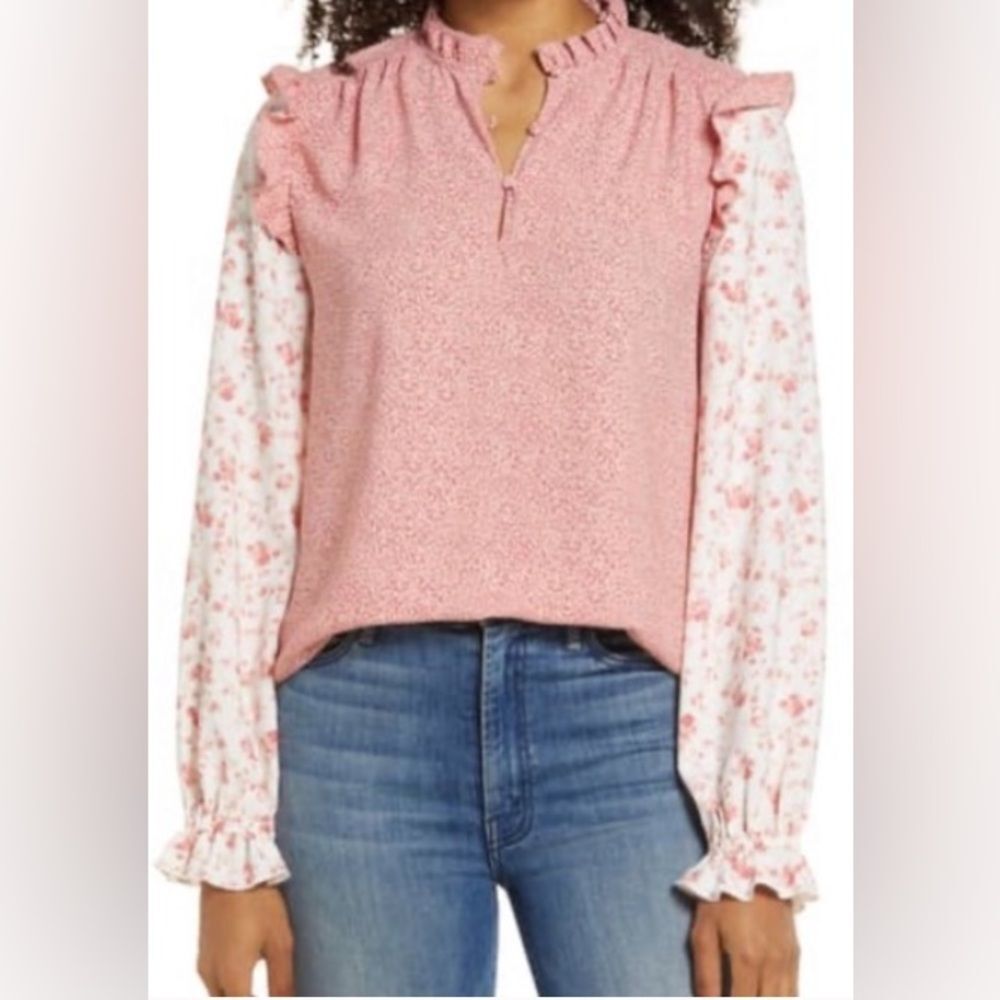 Rachel Parnell Ruffle Details Floral Blouse in Pink Cheetah Mixed Print M NWOT